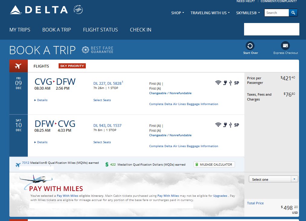 Cincinnati to Dallas (via SLC) 1st class $498 & 7312 MQMs at 6.8 CPM Weekend +1 Delta Elite Mileage Run