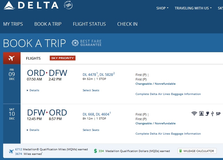 HURRY! Chicago to Dallas (via SLC) 1st class $404 & 6712MQMs at 6CPM Weekend +1 Delta Delta Mileage Run