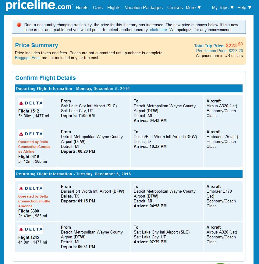 Salt Lake to Dallas (via DTW) $223 & 4936MQMs at 4.5CPM weekday Delta Elite Mileage Run