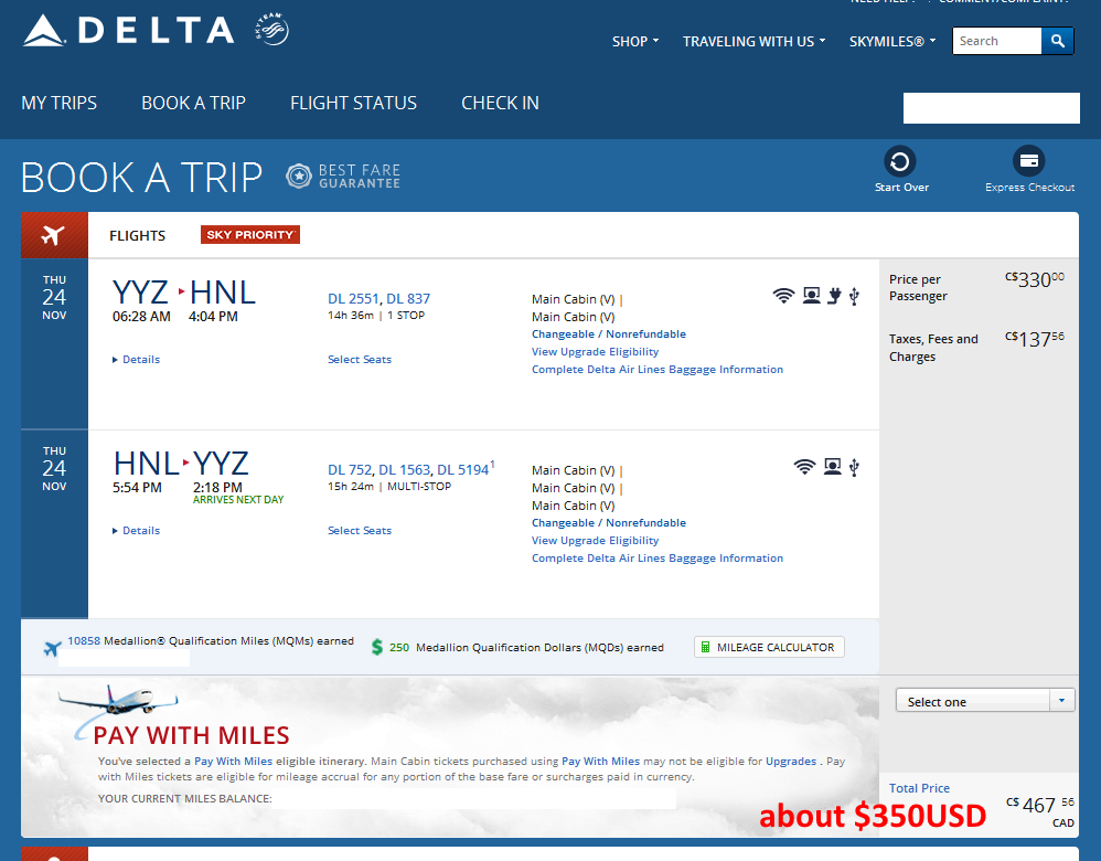 Toronto to Hawaii $350 & 10858MQMs at 3.2CPM Holiday / Weekday Delta Elite Mileage Run