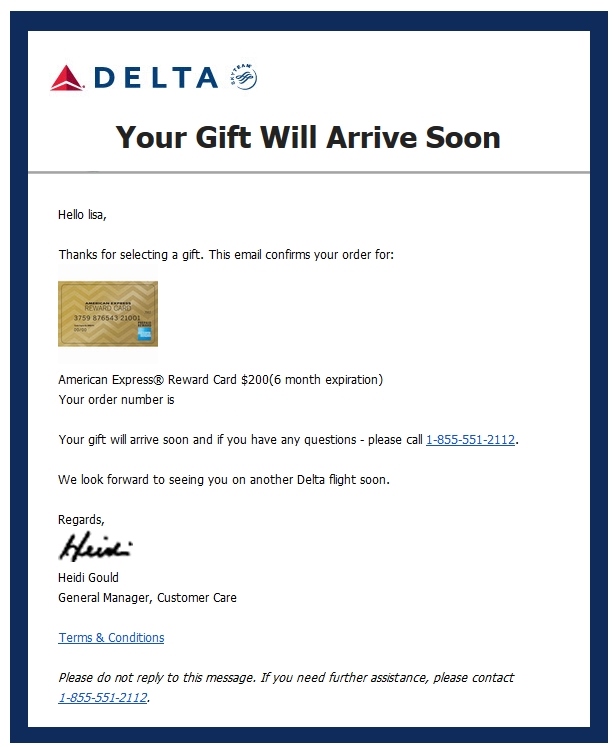 OUTSTANDING – Delta now extending GIFT CARD choice for customer service issues!