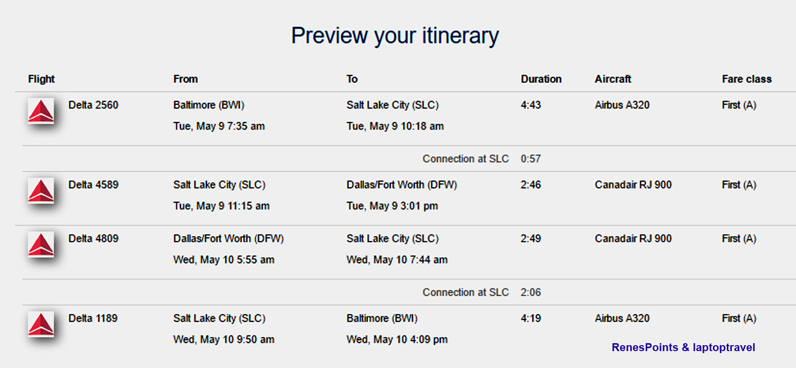 Baltimore to Dallas Overnight First Class Delta Elite Mileage Run $647 and 8556 MQM’s at 7.5CPM