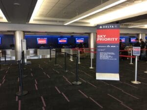 a blue sign in an airport