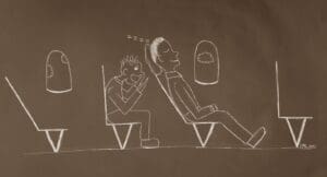 a drawing of a man sitting in chairs