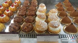 a tray of pastries on a shelf