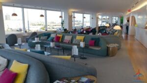 a room with couches and tables