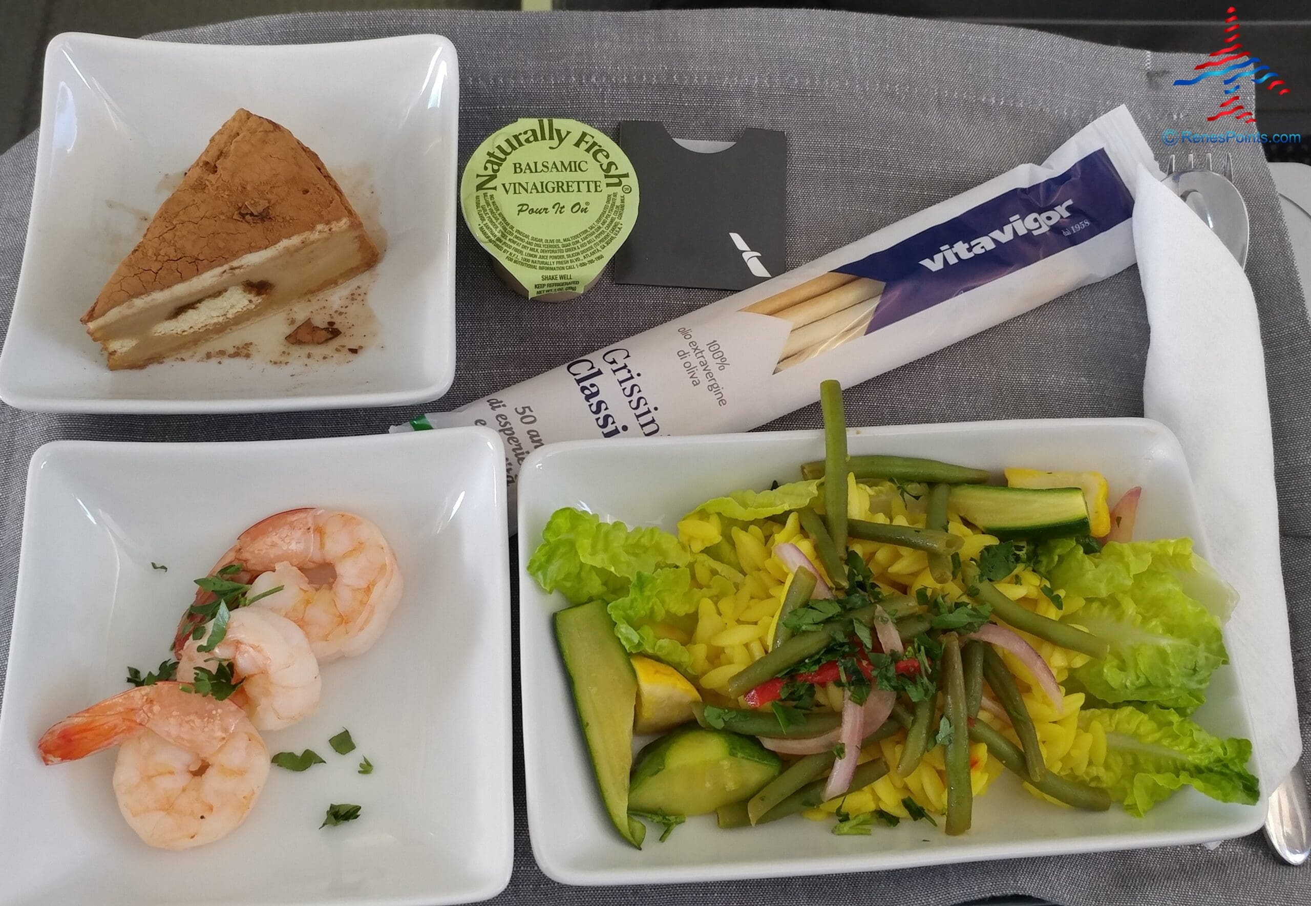 It’s fun to fly AA now and then to compare Delta to AA 1st class meals – I like this cold shrimp salad!