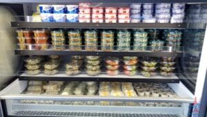 a shelf with food on it