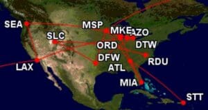a map of the north america with red lines