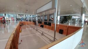 a room with a row of luggage