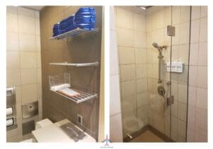 a bathroom with a shower and toilet