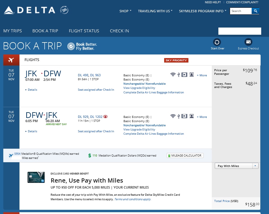 New York to Dallas (via SLC) $158 & 5954 MQMs at 2.7CPM Delta Elite Mileage Run