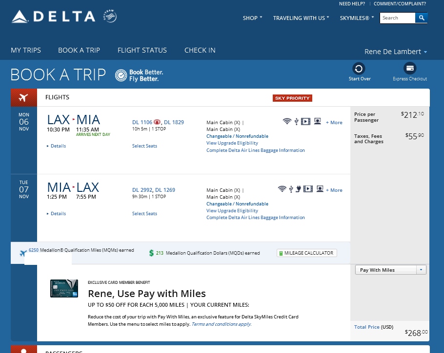 Los Angeles to Miami (& VV) $238 & 6250 MQMs at 3.8CPM weekday / weekend Delta Elite Mileage run 2017