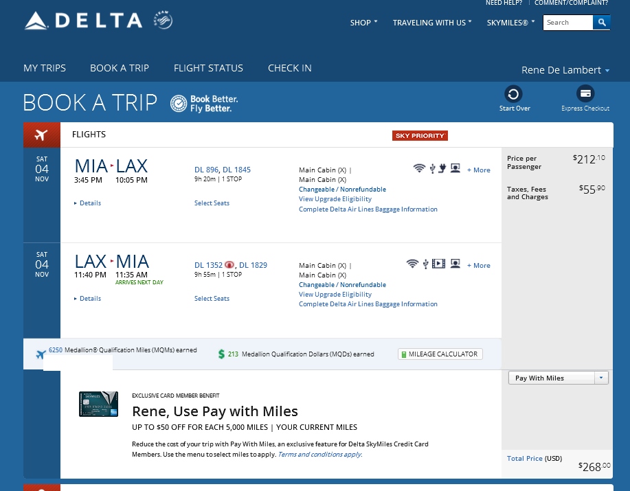Los Angeles to Miami (& VV) $238 & 6250 MQMs at 3.8CPM weekday / weekend Delta Elite Mileage run 2017