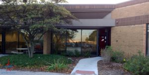 a building with a glass door