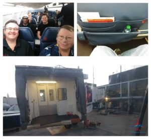 a collage of people in an airplane