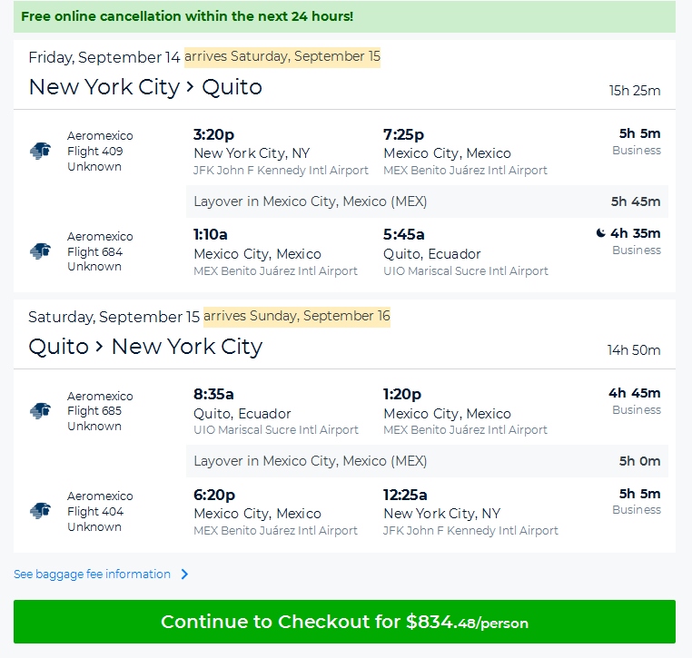 New York to Ecuador Delta / AeroMexico Business Class Elite Mileage Run $835 & 12,147 MQMs & $3,239 MQDs at 6.9CPM