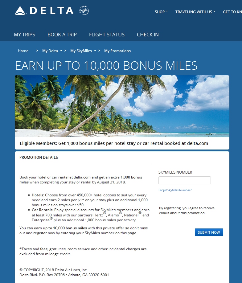 [TARGETED] 10,000 Bonus Delta SkyMiles for Hotel or Car Rental via Eye of the Flyer