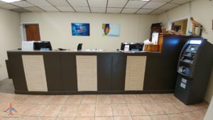 a reception desk in a building