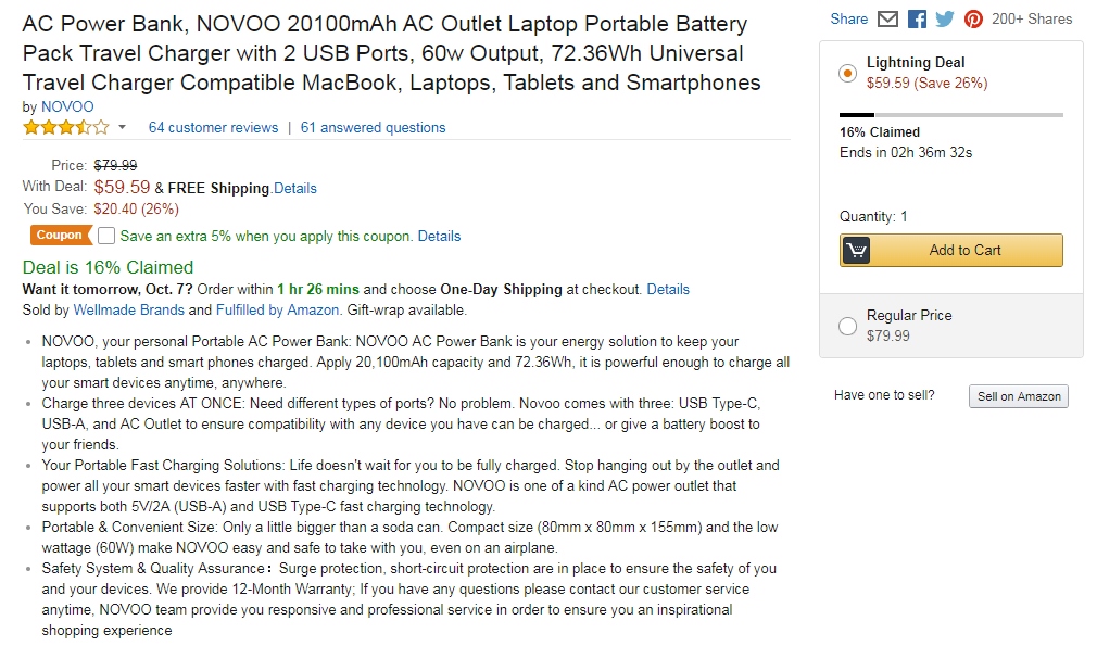 HURRY! – 20,000k Battery Bank with A/C Outlet $55 with 5% off Coupon Applied