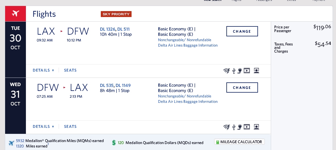 Los Angeles to Dallas (via DTW) & VV $174 & 5932 MQMs at 2.9CPM – weekday Delta Elite Mileage Run (E BASIC FARE)!