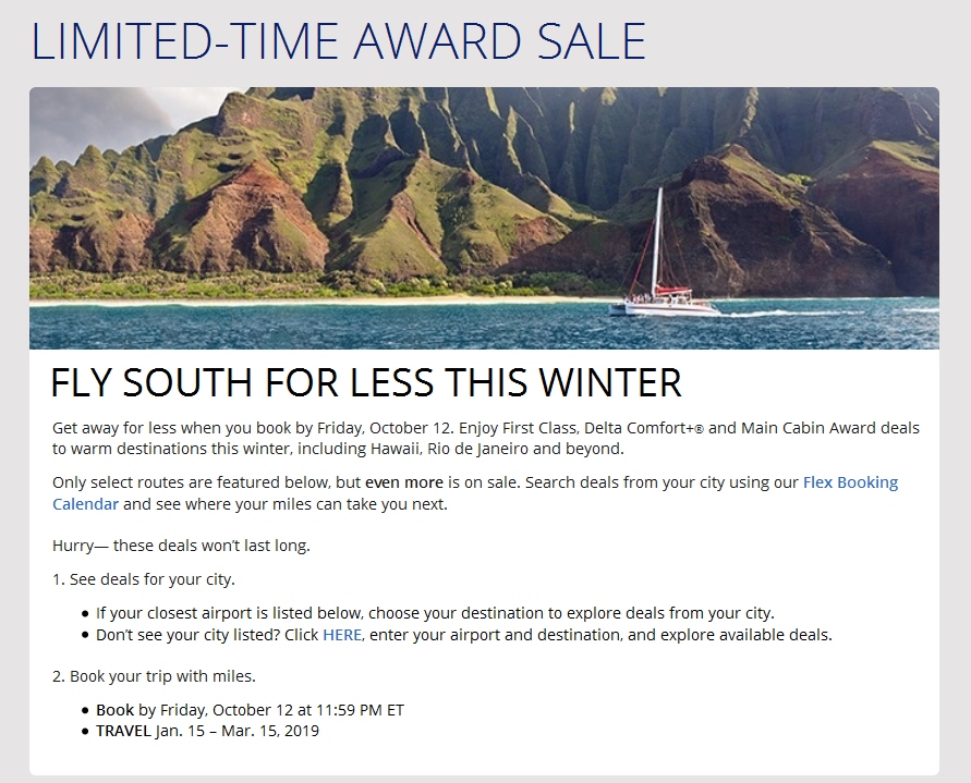 Delta Air Lines October Monthly SkyMiles “Flash Sale” Starting at 10,000 Points – Book by Friday 12OCT18