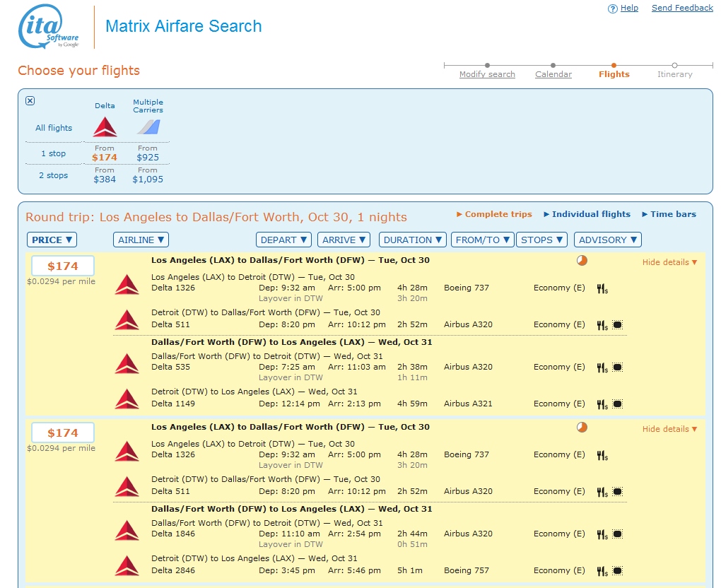 Los Angeles to Dallas (via DTW) & VV $174 & 5932 MQMs at 2.9CPM – weekday Delta Elite Mileage Run (E BASIC FARE)!