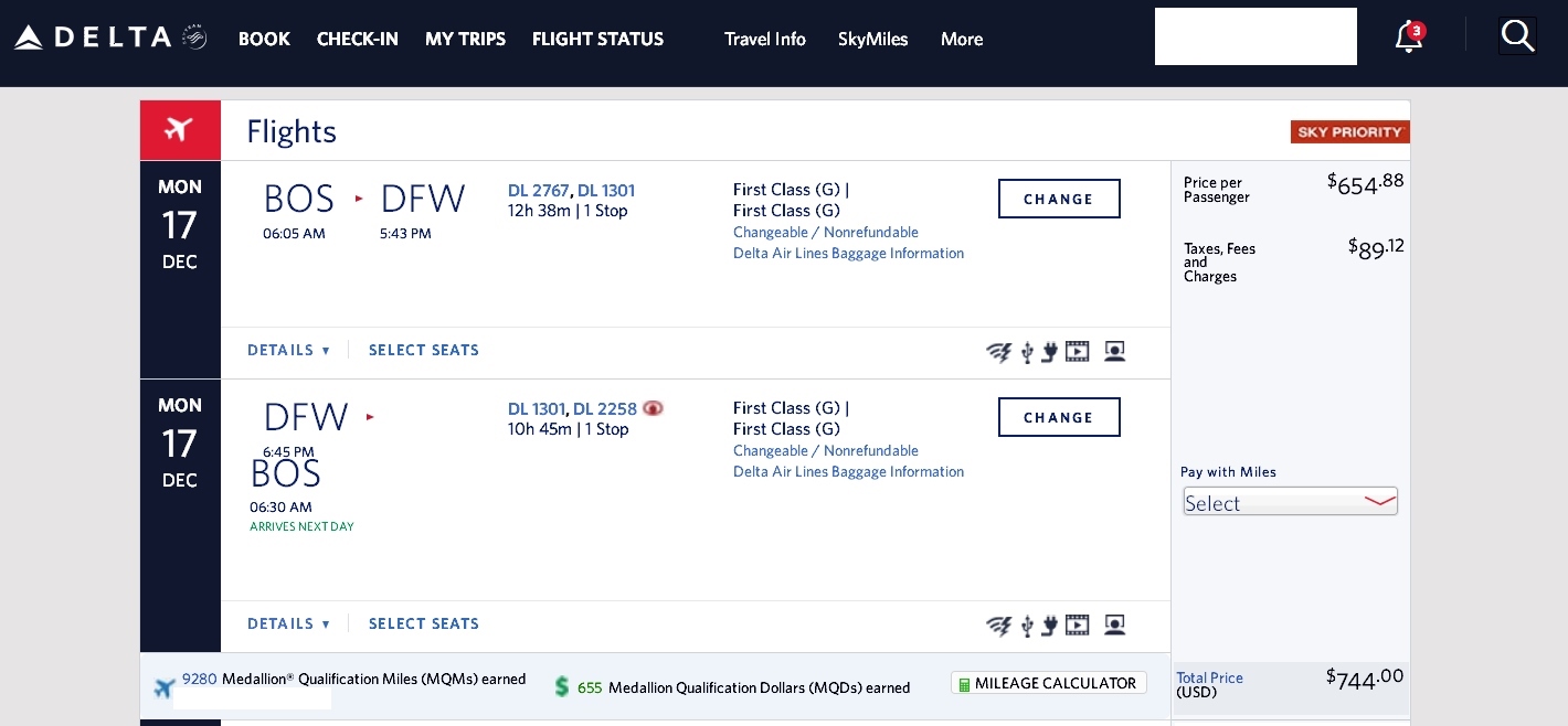 Boston to Dallas (via SLC) 1st class $744 & 9280 MQMs at 8CPM overnight Delta Elite Mileage Run 2018