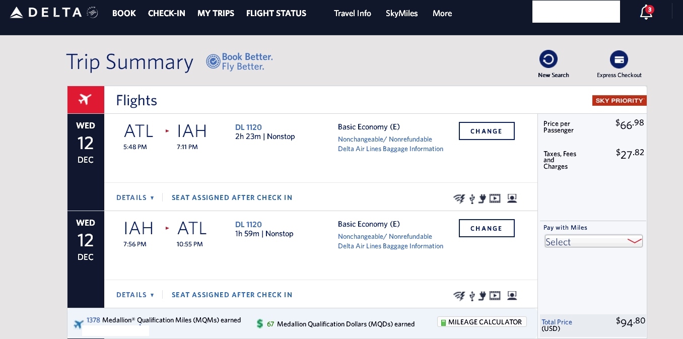Atlanta to Houston $94 & 1378 MQMs at 6.9CPM same day Delta Elite Mileage Run 2018