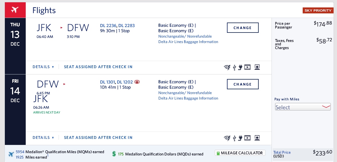 New York to Dallas (via SLC) $233E or $308X fare & 5954 MQMs at 4-5CPM – 2018 weekday Delta Elite Mileage Run!