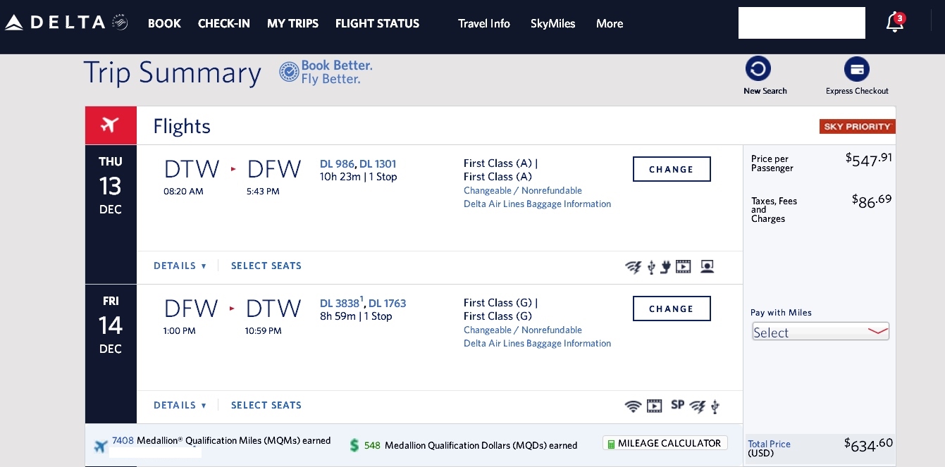 Detroit to Dallas (via SLC) 1st class $635 & 7408 MQMs at 8.5CPM overnight Delta Elite Mileage Run 2018