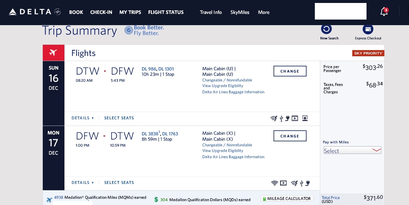 Detroit to Dallas (via SLC) 1st class $635 & 7408 MQMs at 8.5CPM overnight Delta Elite Mileage Run 2018