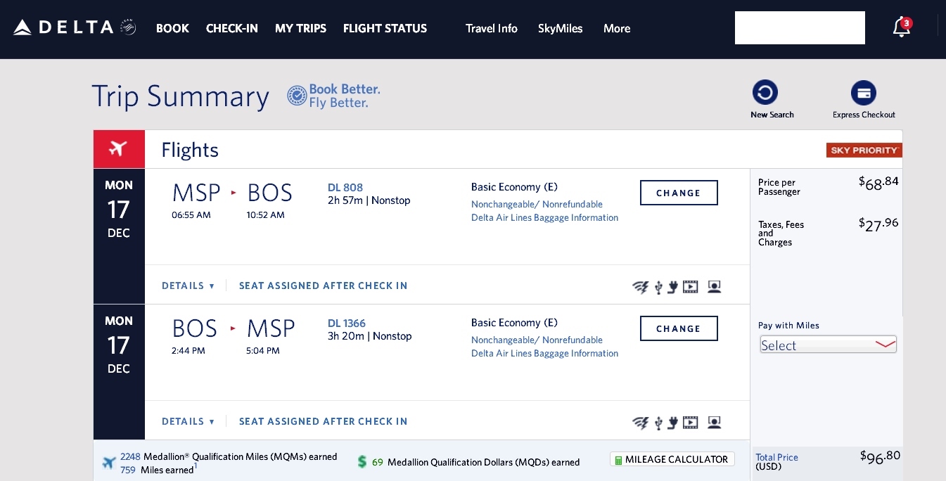 Minneapolis to Boston $97 RT & 2248 MQMs at  4.3CPM Delta Elite Mileagerun 2018