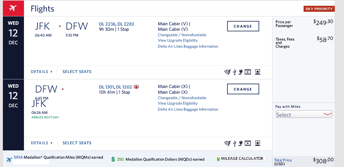 New York to Dallas (via SLC) $233E or $308X fare & 5954 MQMs at 4-5CPM – 2018 weekday Delta Elite Mileage Run!