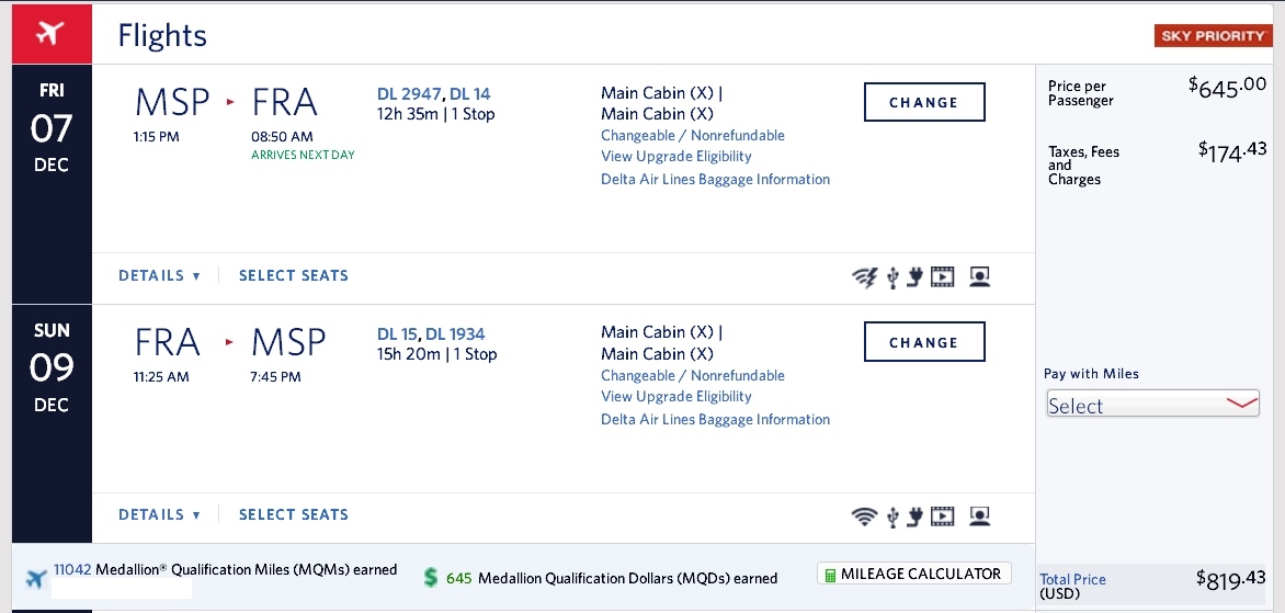 Minneapolis to Frankfurt (via ATL) $819 & 11042 MQMs at 7.4 CPM Delta Elite Weekend Mileage Run 2018