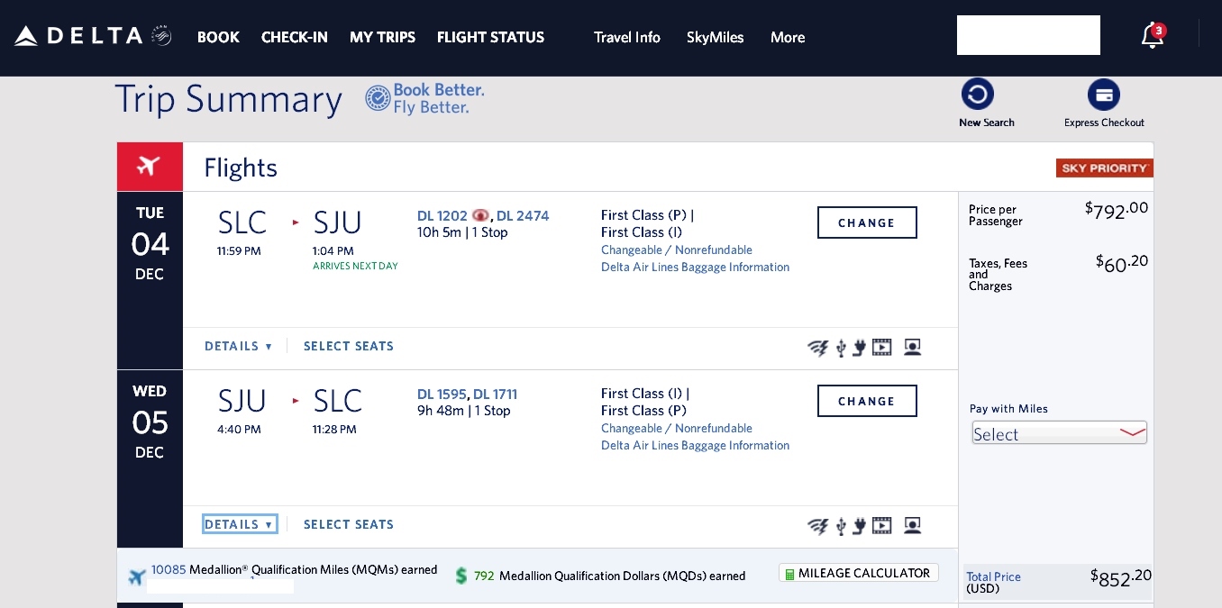 Salt Lake to Puerto Rico 1st class $852 & 10085 MQMs at 6.5CPM Delta Elite Mileage Run 2018