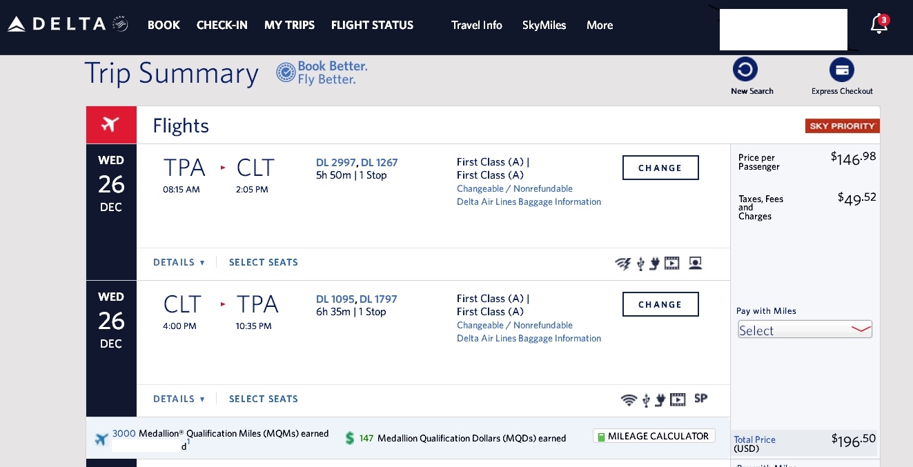 Tampa to Charlotte (and v.v.) 1st class $197 & 3000 MQMs at 6CPM Delta Elite Mileage Run 2018 / 2019