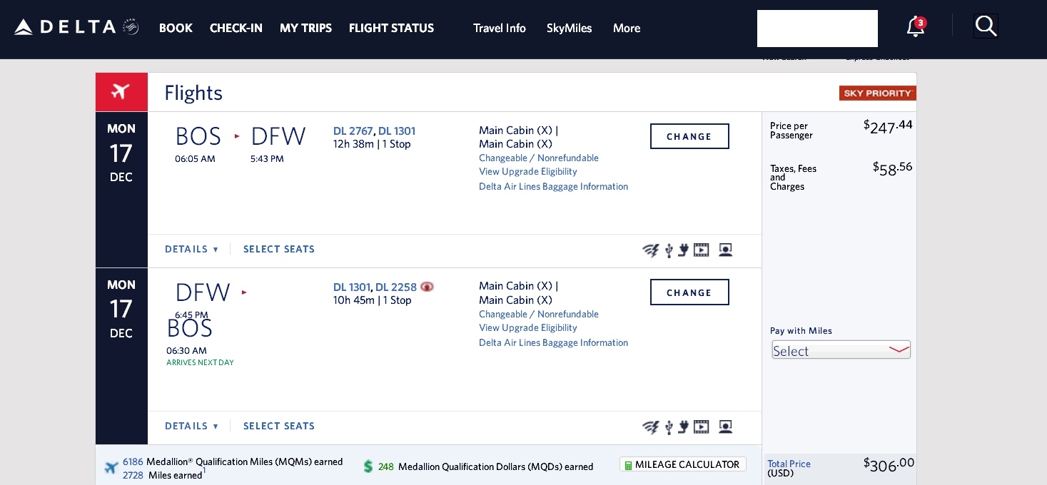 Boston to Dallas (via SLC) 1st class $744 & 9280 MQMs at 8CPM overnight Delta Elite Mileage Run 2018