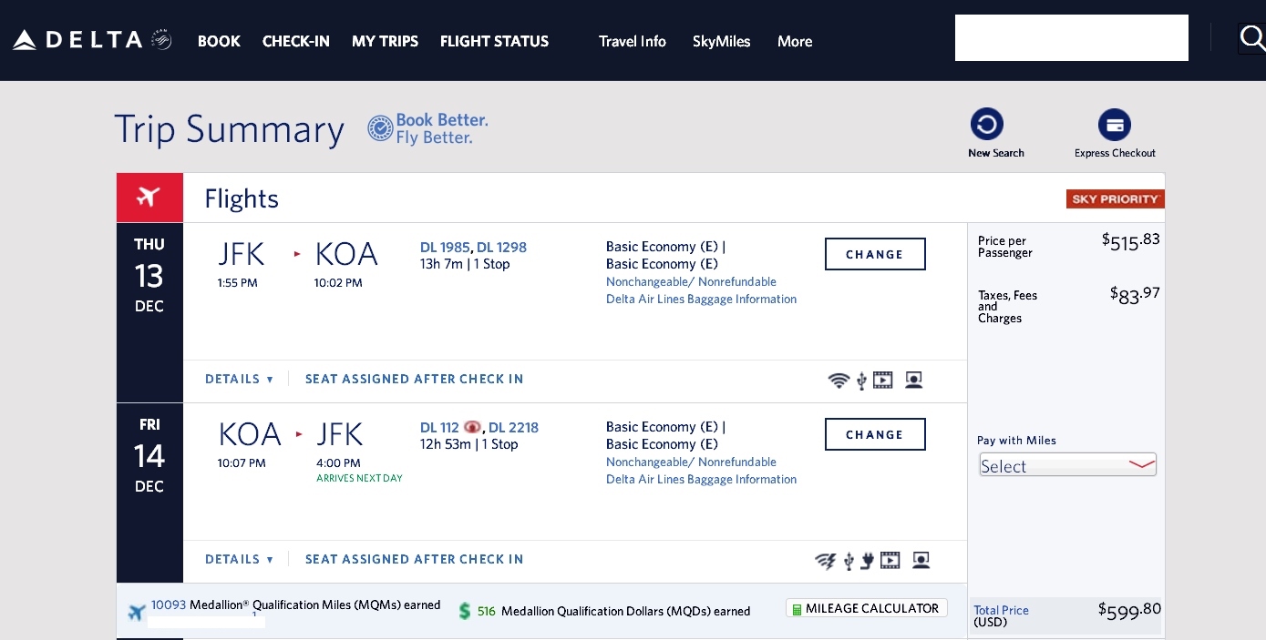 New York to Hawaii $599 and 10093 MQMs at 5.9CPM – 2018 weekday weekday Delta Elite Mileage Run!