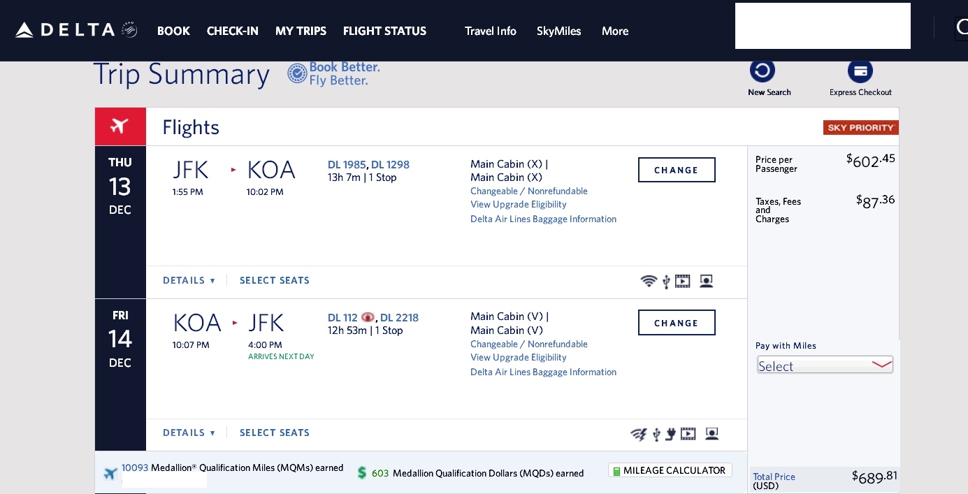 New York to Hawaii $599 and 10093 MQMs at 5.9CPM – 2018 weekday weekday Delta Elite Mileage Run!