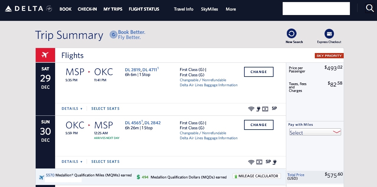 Minneapolis to Oklahoma City (via SLC) 1st class $576 & 5570 MQMs at 10CPM weekend year end Delta Elite MileageRun for 2018