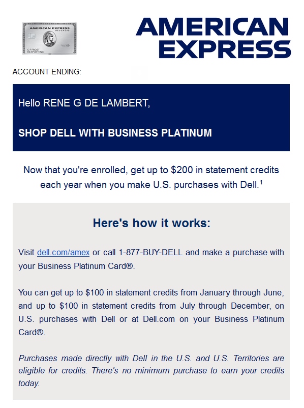 confirmation email amex platinum business card enrolled in dell offer - Eye  of the Flyer