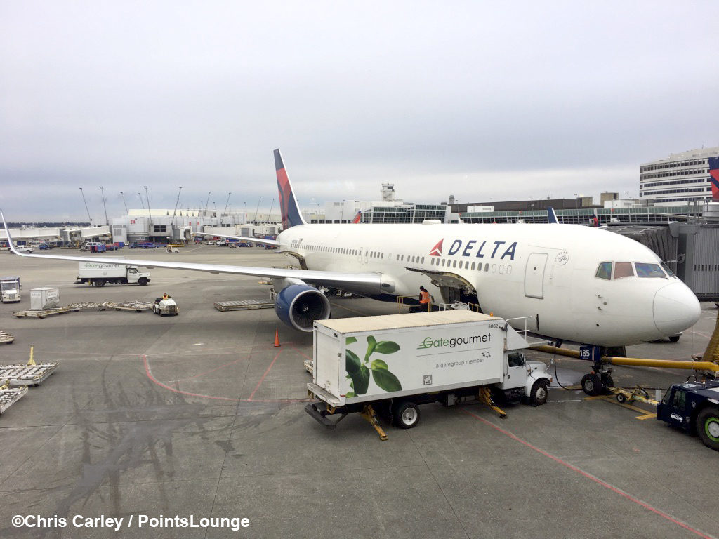 A Delta Air Lines 767 is seen from the Delta Sky Club at Seattle SeaTac International Airport - SEA - in Washington state.