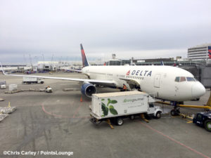 A Delta Air Lines 767 is seen from the Delta Sky Club at Seattle SeaTac International Airport - SEA - in Washington state.