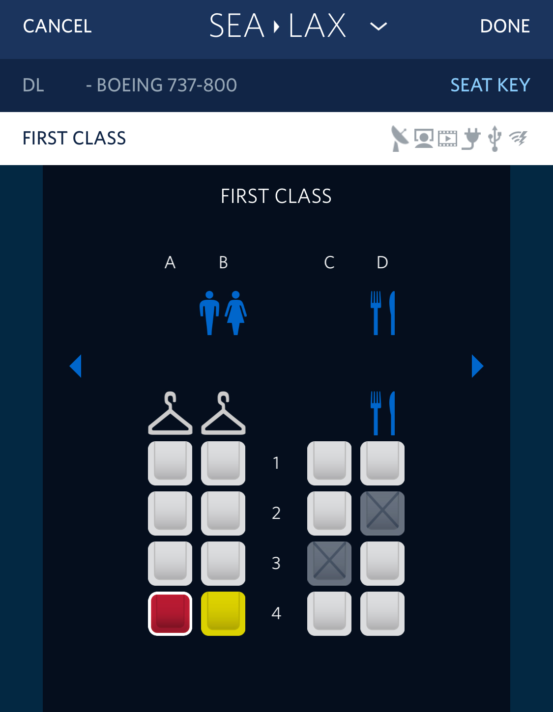 Image of a Delta first class seat map as seen on the iPhone version of the Fly Delta app.