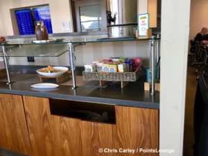 Fruit and small boxes of breakfast cereal are seen at The CLUB at SJC airport lounge at Norman Y. Mineta San Jose International Airport in San Jose, California.