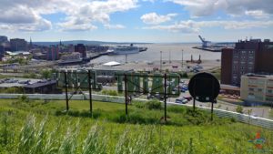 a view of a harbor from a hill