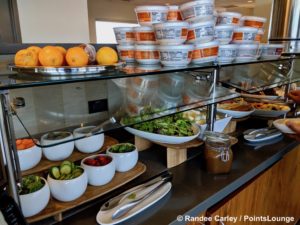 A salad bar is displayed at The CLUB at SJC airport lounge at Norman Y. Mineta San Jose International Airport in San Jose, California.