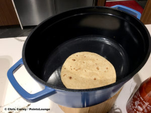 A breakfast taco tortilla is seen at the breakfast buffet inside the Delta Sky Club Austin airport lounge at Austin-Bergstrom International Airport (AUS) in Austin, Texas. Photo © Chris Carley / PointsLounge