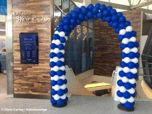 Balloons welcome guests to the Delta Sky Club Austin airport lounge grand opening celebration at the Delta Sky Club Austin airport lounge at Austin-Bergstrom International Airport (AUS) in Austin, Texas. Photo © Chris Carley / PointsLounge